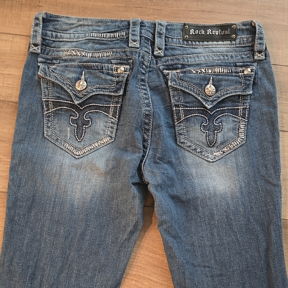 Rock Revival Buckle Boot Flap Pocket Low Rise Womens Skinny Distressed Jeans 31